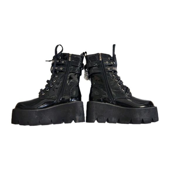 Gothic Punk Biker Patent Faux Leather Platform Wedge Boots Chain Buckle 36/6.5 - Picture 5 of 11
